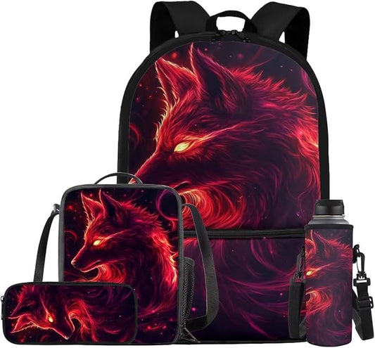 Galaxy Wolf Backpack for Girls Boys Backpack with Lunch Box Water Bottle Holder and Soft Pencil Pouch 4PCS Set 17 inch Bookbag with Front Pocket Large School Bag for Kids Back to School by ELEDIZI