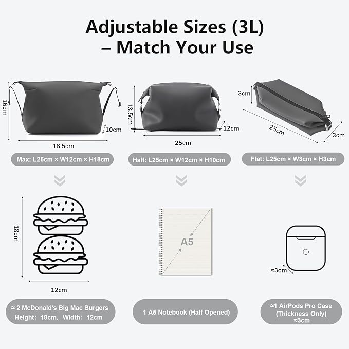 Vomgomfom 6L 13 Inch Silicone Toiletry Bag, Waterproof Leakproof Travel Cosmetic Organizer, Adjustable G-Buckle Compression Dopp Kit, Foldable Makeup Bag for Women & Men (Grey, 6.5”3L) - Image 3