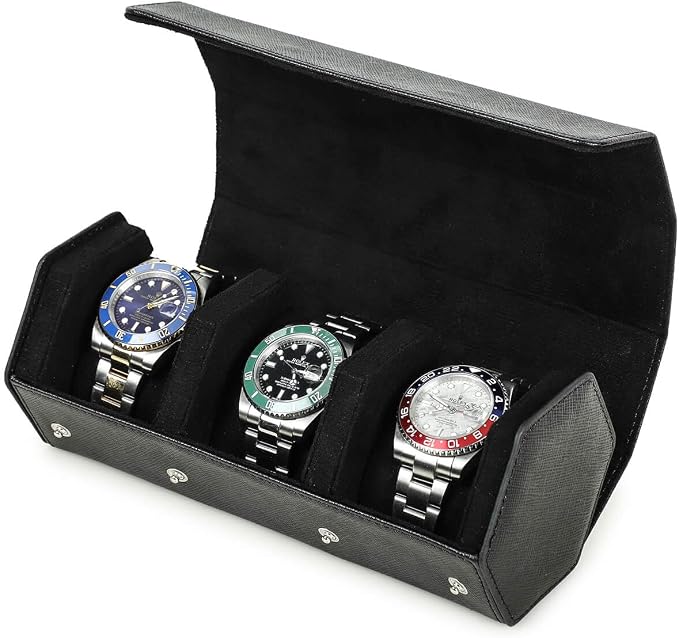 Hiram Genuine Leather Hexagon Watch Roll Travel Case, Leather 3-Watches Roll Case with Removable Pillow Cushion for Treasured Watches and Bracelets -Black by Hiram