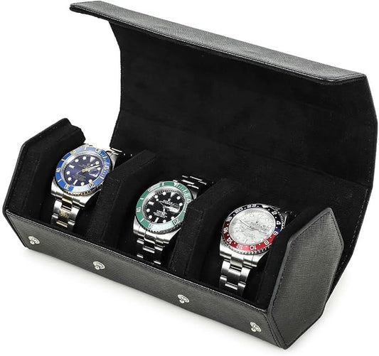 Hiram Genuine Leather Hexagon Watch Roll Travel Case, Leather 3-Watches Roll Case with Removable Pillow Cushion for Treasured Watches and Bracelets -Black by Hiram