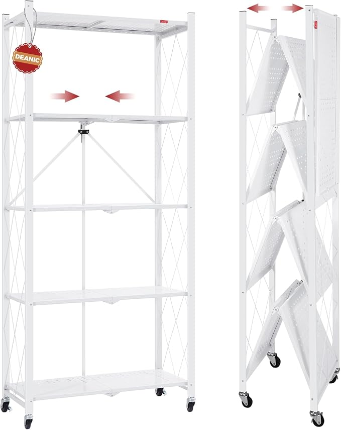 DEANIC 5 Tier Foldable Storage Shelves with Wheels, Large Capacity Shelving Unit, Freestanding Metal Wire Shelf Rack, No Assembly Organizer Rack for Garage Kitchen, Basement, Pantry(White) by ShowNow