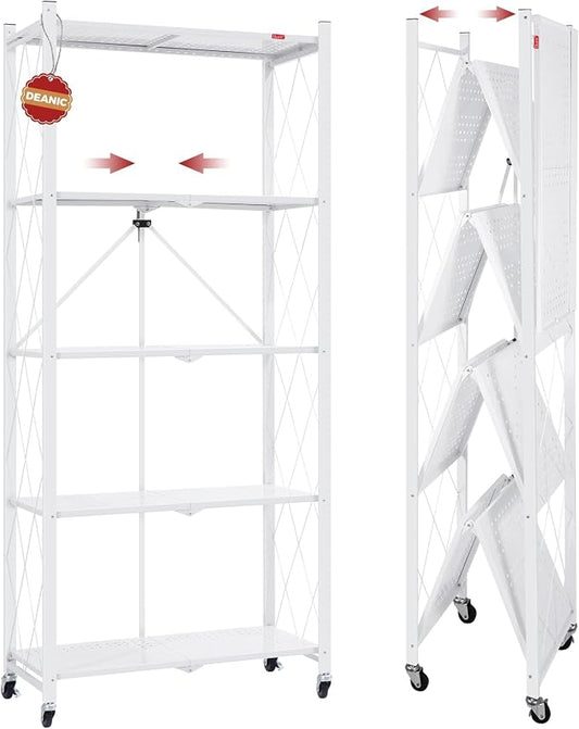 DEANIC 5 Tier Foldable Storage Shelves with Wheels, Large Capacity Shelving Unit, Freestanding Metal Wire Shelf Rack, No Assembly Organizer Rack for Garage Kitchen, Basement, Pantry(White) by ShowNow