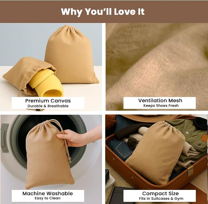 LFH Cotton Rich Shoe Storage Bags with Drawstring, Dustproof Breathable Reusable Organizer, Perfect For Travel, Dorm, Hotel, College, Gym, Easy to Carry, Machine Washable 8"x17" (Pack of 4) - Beige - Image 3