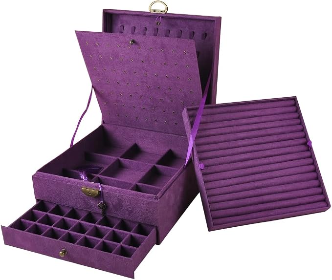 Jewelry Organizer 5 Layers Velvet Square Jewelry Box Women Necklace Ear studs Display Bangles Large Jewelry Storage Case Drawer GY306 (purple) by GYJOYERO