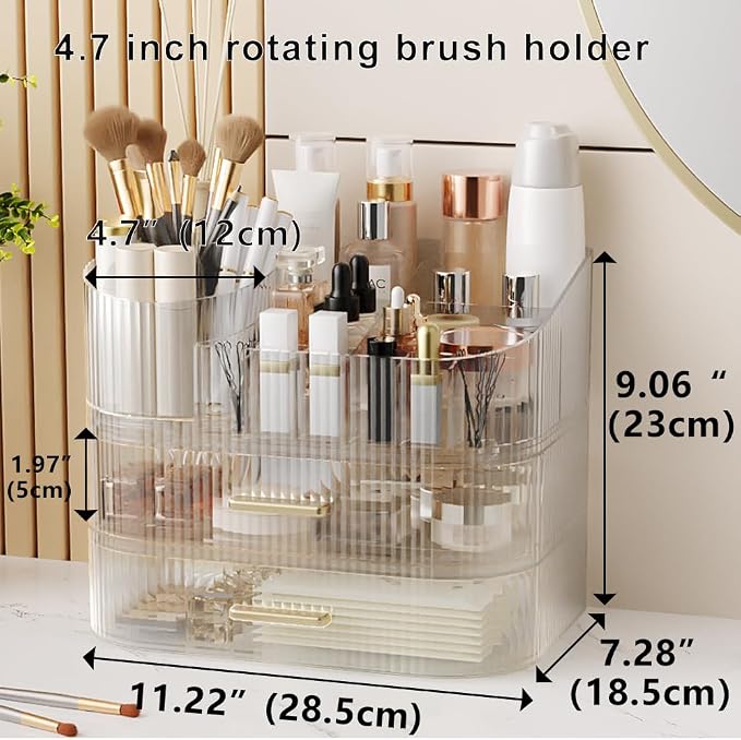 Stackable Makeup Organizer with 2 Drawers & 360° Rotating Brush Holder - 11" Large Clear Cosmetic Display Case, 9 Compartments Skincare Storage for Vanity Countertop (1 Tray + 2 Drawers) - Image 2