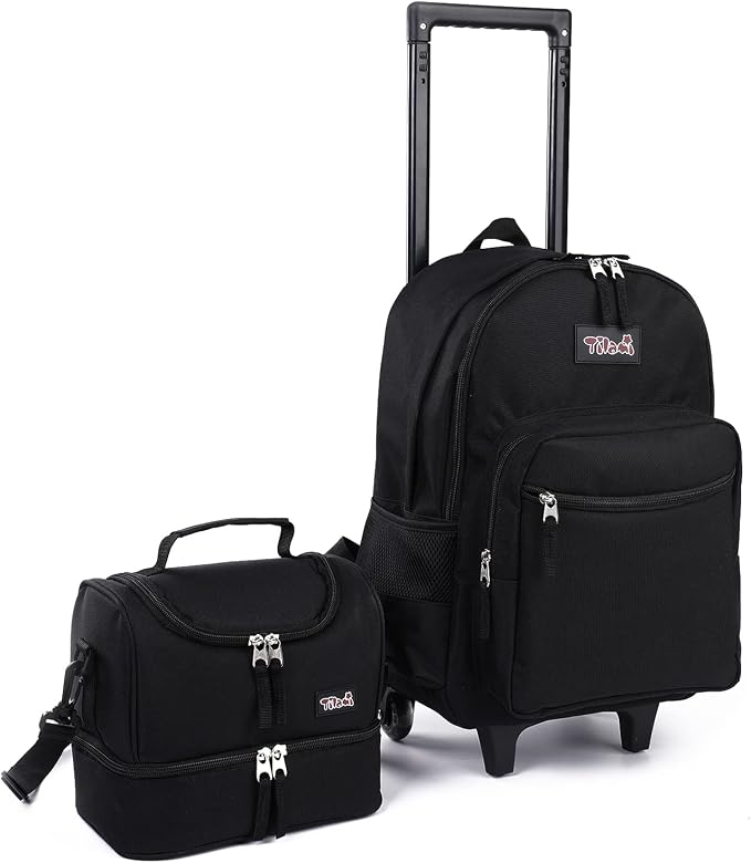 Tilami Rolling Backpack 18 inch Double Handle with Lunch Bag Wheeled Kids Backpack for Girls and Boys, Black by Tilami