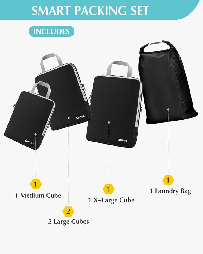 Gonex Compression Packing Cubes, 5pcs Expandable Storage Travel Luggage Bags Organizers with Laundry Bag (Black) - Image 4