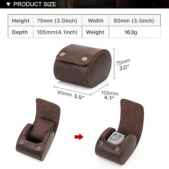 Hiram Leather Watch Roll Travel Case,Vintage Crazy Horse Leather 1-Slots Watch Box with Removable Velvet Pillows, Secure Metal Clasp, Perfect for Daily Display & Business Travel - Image 3