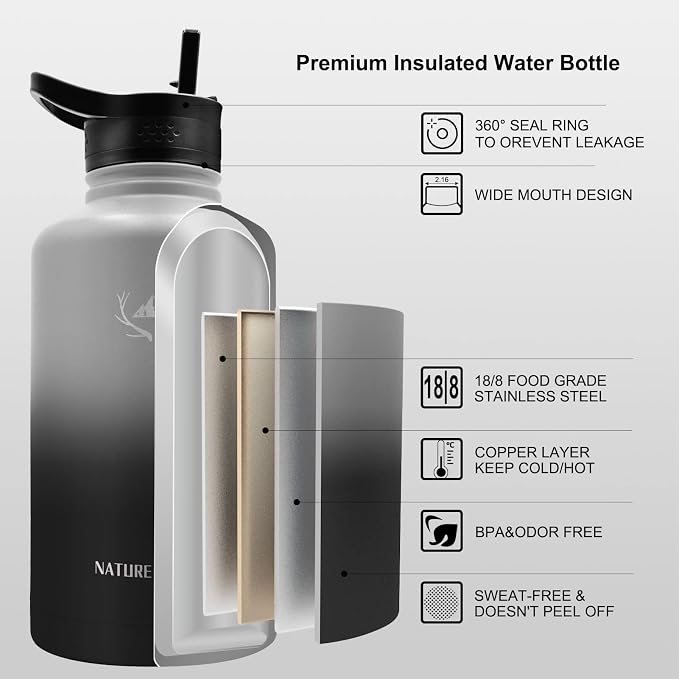 NATURE PIONEOR 64 oz Insulated Water Bottle with Carrier Bag & 3 Lids | 18/8 Food-grade Stainless Steel, Double Vacuum Insulation, 3 Leak-proof Lids, Strap, Camping, Hiking, Gym, Work - Image 2