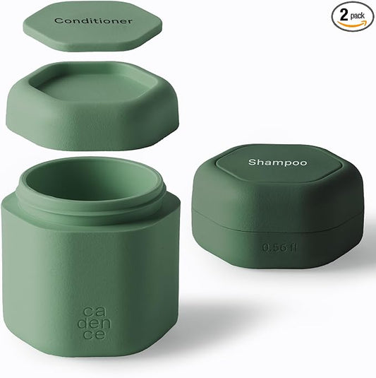 Cadence Travel Containers - 2 Piece Haircare Set - Magnetic Travel Capsules - For Shampoo, Conditioner, Hair Styling Product - 1 Small & 1 Medium Capsule - Shampoo & Conditioner Labels - Evergreen by KeepYourCadence