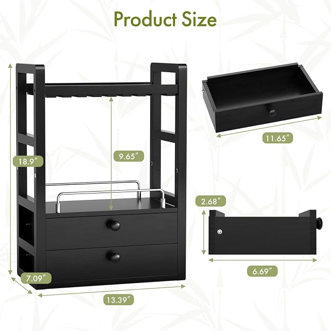 AmazerBath Bamboo Bathroom Countertop Organizer, 2-Tier Makeup Organizer with 2 Drawers, Vanity Organizer Storage Coffee Matcha Station, Compact Shelf for Bathroom Kitchen Office, Black - Image 3