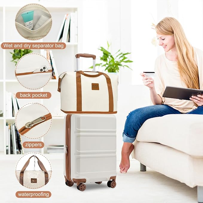 Kono Luggage Set 4 Piece Carry On Hardside Luggage with Spinner Wheels | Lightweight PC+ABS Carry On Suitcase with TSA Lock Cream White - Image 6