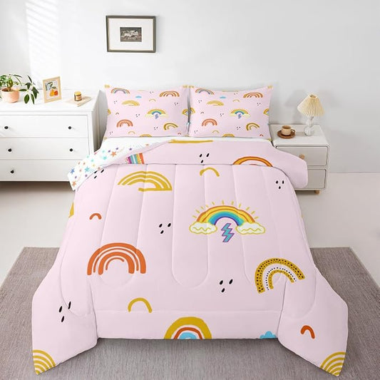 Rainbow King Comforter Sets For Girls, Kawaii Cartoon Cloud Duvet Insert, Girly Iridescent Down Comforter With 2 Pillow Cases Hand Drawn Rainbow Quilt For Kids Boys Children Women Bedroom, Pink by Erosebridal