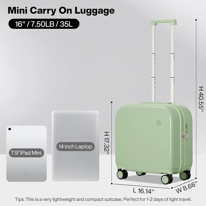 mixi Carry on Luggage, Suitcase with Spinner Wheels 16in Luggage Hardshell Lightweight Rolling Suitcases PC with Cover & TSA Lock, Avocado Green - Image 6