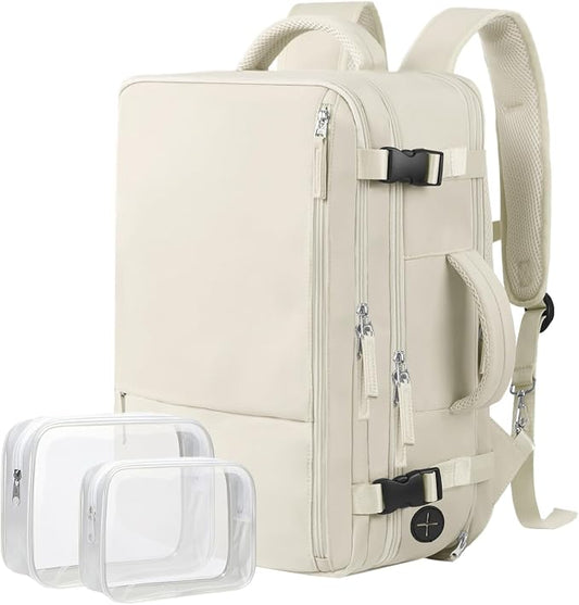 Hanples Travel Backpack for Women, 17 Inch Waterproof Laptop Backpack | 40L Large Carry on Backpack, TSA Flight Approved Anti Theft Travel Bag, Casual Daypack with 2 Toiletry Bags for Trips, Beige by Hanples