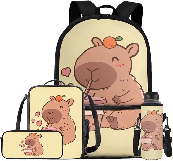 Cute Capybara Girls Backpacks Ages 8-10 with Lunchbox Lightweight School Bags for Girls with Lunch Bag Cute Pencil Cases for Middle School High School by Bivxisrvo