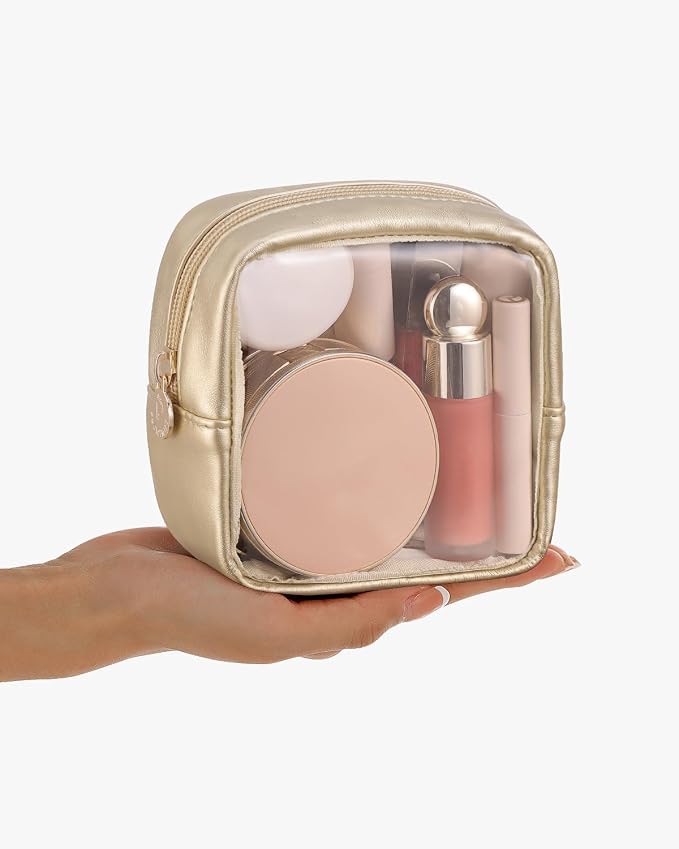 Pocmimut Clear Makeup Bag, Easy to Find Mini Makeup Bag for Purse, Travel Makeup Bag for Car, Compact Cosmetic Pouch for Daily Essentials,Gold - Image 3