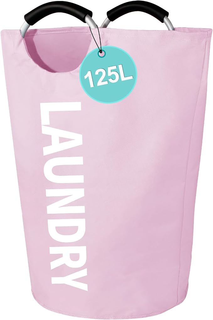 WOOHA 125L Large laundry basket,Collapsible laundry hamper, Tall Clothes Baskets Folding Washing Bin Foldable Fabric Hamper Bags for Bedroom, Closet,Bathroom,College,laundry bag,pink by WOOHA