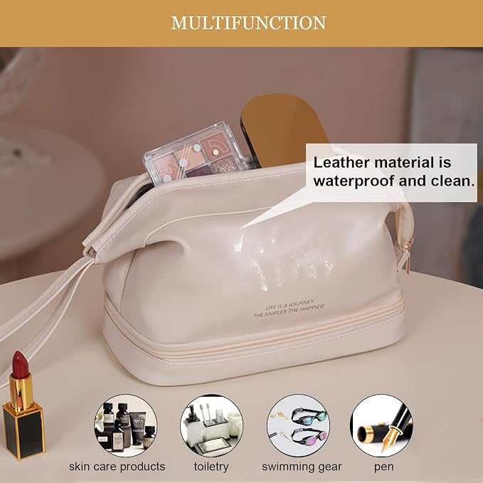 Abiudeng Large Capacity Makeup Bag Ladies Cosmetic Bag Travel Bag with Compartments Portable PU Leather Travel Makeup Bag with Handle - Image 6