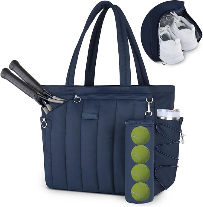 Quilted Tennis Tote Bag for Women Gym Duffle Bag with Shoe Compartment & Wet Pocket Fits 2-4 Rackets and 15.6" Laptop Overnight Weekend Sports Bag with Fence Hook(Large size) by Movker