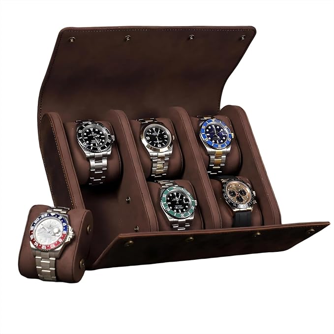 Genuine Leather Watch Roll Travel Case,Vintage Full Grain Leather Watch Box with Pillow for Men,Watch Storage Organizer for Home Storage,Travel Watch Organizer Box (6 Slots) by UPRESYE