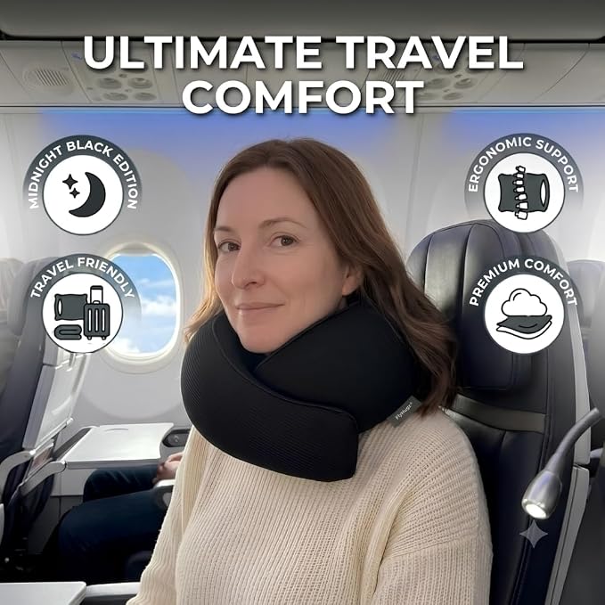 FlyHugz® Neck Travel Pillow Memory Foam Neck Pillow for Comfort on Airplane Compact and Ergonomic Design for Travel, Car Rides, and Home Use Ideal for Adults and Kids. (Midnight Black) - Image 2