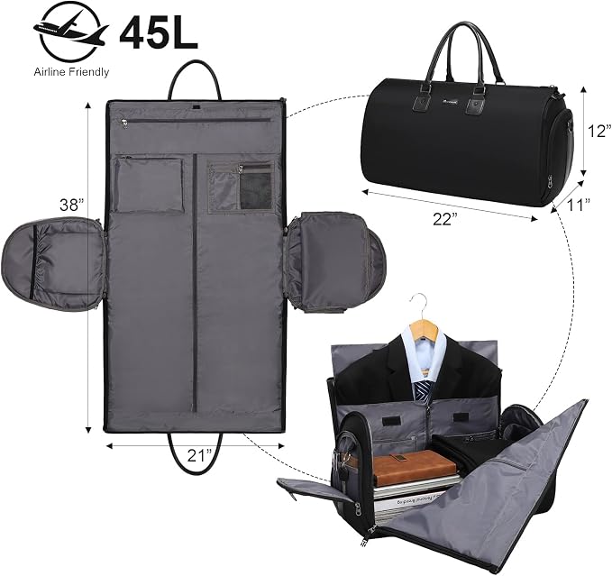Modoker Eco-Friendly Convertible Garment Bags for Travel, Carry on Garment Duffel Bag for Women Men Weekender - 2 in 1 Hanging Suitcase Suit Travel Bags, Black - Image 2