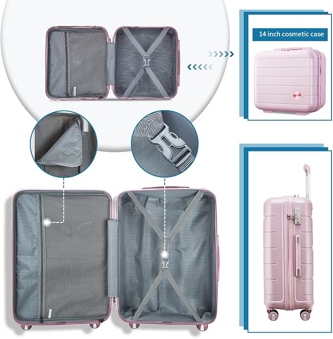 Somago Luggage Sets 3 Piece Hard Shell Polypropylene Suitcase with TSA Lock Spinner Carry On Luggage with Beauty Case Travel Set,Nude Pink - Image 4