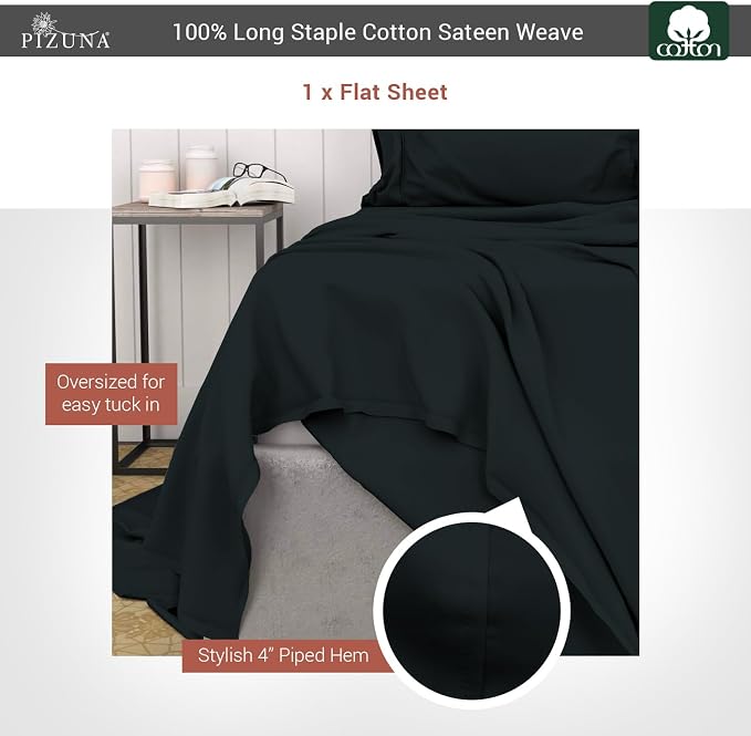 Pizuna Pure 100% Cotton Flat Sheets Only Queen Black (1 PC), Luxurious 400 Thread Count Long Staple Cotton Sateen with 4" Hem (Combed Queen Flat Sheet Only Cotton) - Image 3