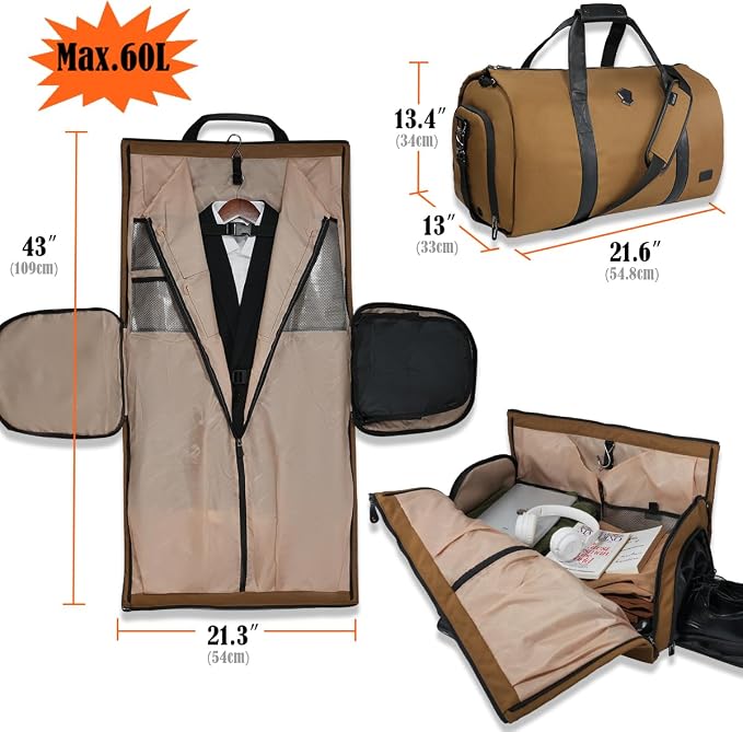 WELKINLAND 2-Suit Garment Duffle Bags for Travel Men, 60L-Large Carry on Garment Duffel Bag, Convertible Garment Duffel Bag w/Shoe Compartment, Foldable Garment Bags for Hanging Clothes Travel - Image 8