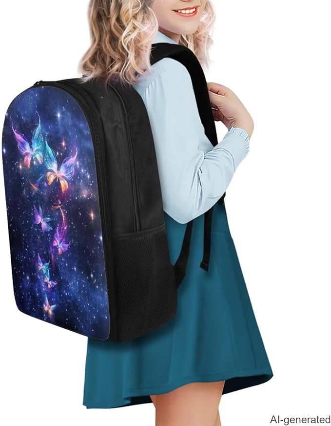 Galaxy Butterfly Backpack for Girls Kids Backpack with Lunch Box Water Bottle Carrier with Strap and Aesthetic Pencil Case 4PCS Set Bookbag with Compartments for School Teens 17" School Bag - Image 2