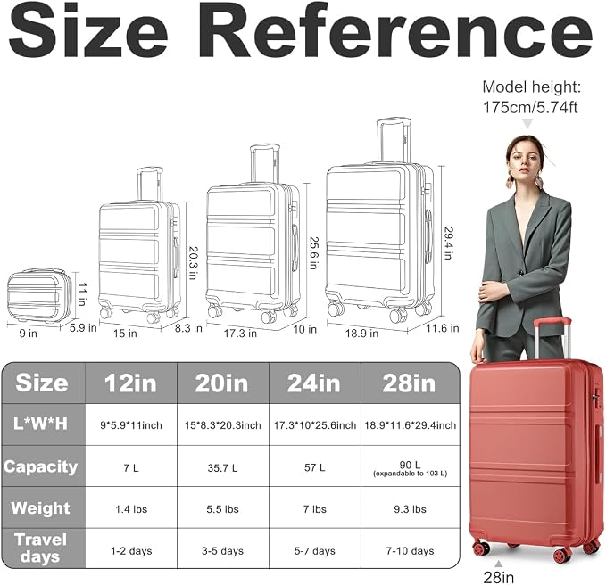 Kono 4 Piece Luggage Sets Expandable(only 28") with Spinner Wheels TSA Lock Lightweight PC+ABS Hardside Travel Rolling Suitcases 20in 24in 28in Carry on and 12in Mini Cosmetic Case Coral Pink | Lightweight PC+ABS Hardside Travel Rolling Suitcases 20in ... - Image 3