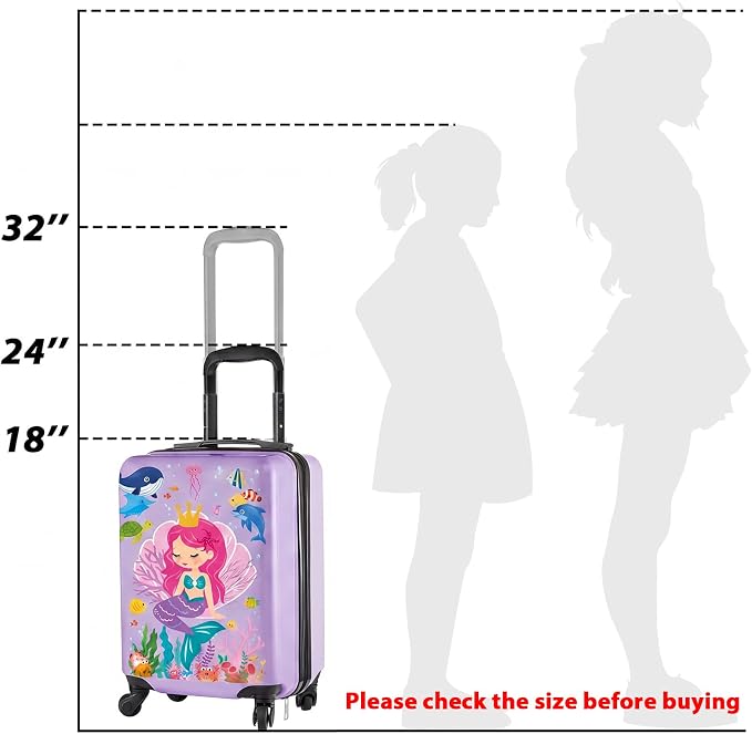 Sanwuta 4 Pcs Kids Luggage Set Back to School Gifts for Girls Boys Carry On Rolling Suitcase Backpack Neck Pillow Travel Set(18 Inch,Mermaid Style,Purple) - Image 4