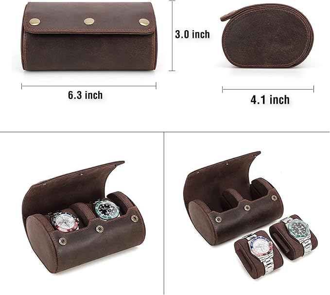 Genuine Leather Watch Roll Travel Case,2 Slots Vintage Full Grain Leather Watch Box with Pillow for Men,Watch Storage Organizer for Home Storage, Gifts - Image 3