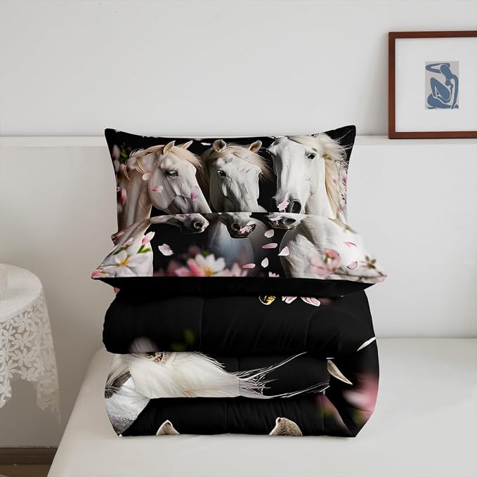 Erosebridal Kids Horse Bedding Set Chic Cherry Blossom Bedding Comforter Set for Girls Teens Galloping Horse Printed Comforter 3D Wild Animal Duvet Set Bedroom Decor Quilt Set 2Pcs Twin Size - Image 6