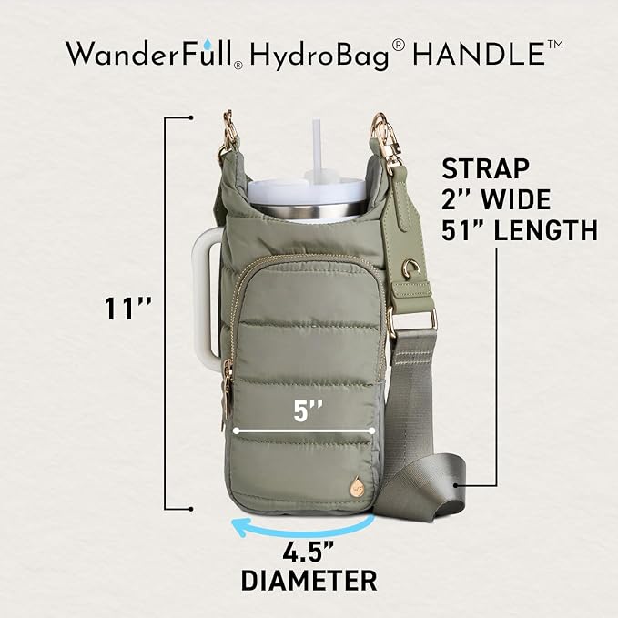 WanderFull Original HydroBag Handle®, Zipper for Handle, 40 oz Water Bottle Holder w/Strap, Crossbody Carrier Bag w/Phone Pocket, Tumbler Accessories - Sage Green w/Vegan Leather Trimmed Strap - Image 2