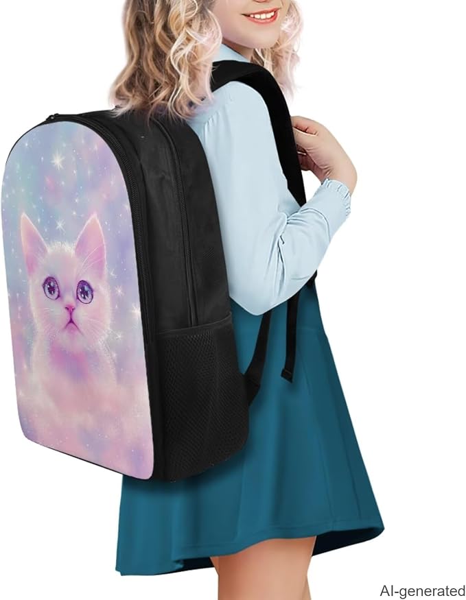 Aesthetic Galaxy Cat Backpack for School Girls Backpack with Lunch Box Water Bottle Bag and Soft Pencil Case 4PCS Set 17" Bookbag with Compartments Lightweight Elementary School Bag for Kids - Image 2