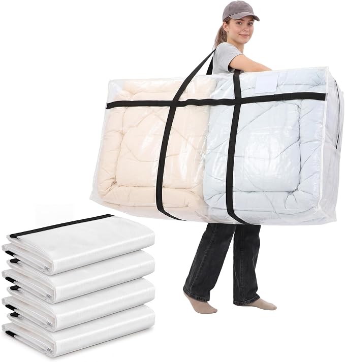 Windyun 4 Pack 98 Gallon Extra Large Moving Bags XXL Heavy Duty Storage Bag with Strong Zipper Handle Jumbo Big Tote Box Foldable for College Dorm Travel Clothes Duffle Blanket Pillow(Transparent) by Windyun