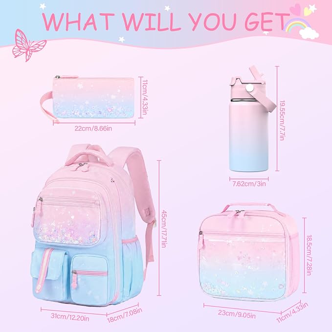 ACESAK Kids School Backpack for Girls, Mermaids Bookbag Backpack with 14OZ Water Bottle, Lunch Bag Set for GirlsTeens Middle Student, Girls Backpacks for School (Pink Blue) - Image 2