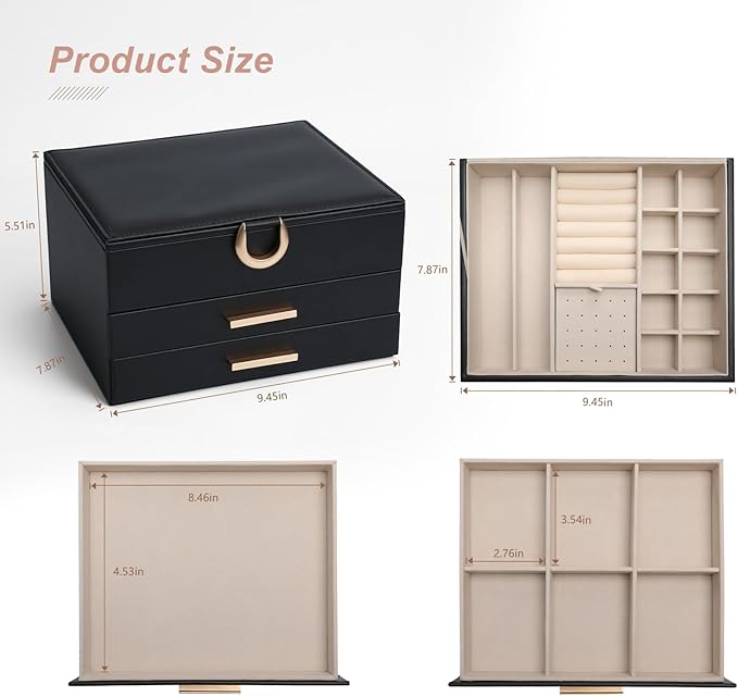 Large Jewelry Organizer Box with Mirror - Features Ring Rolls, Necklace Hooks, Earring Slots, Plush Interior for Luxury Protection Black - Image 3