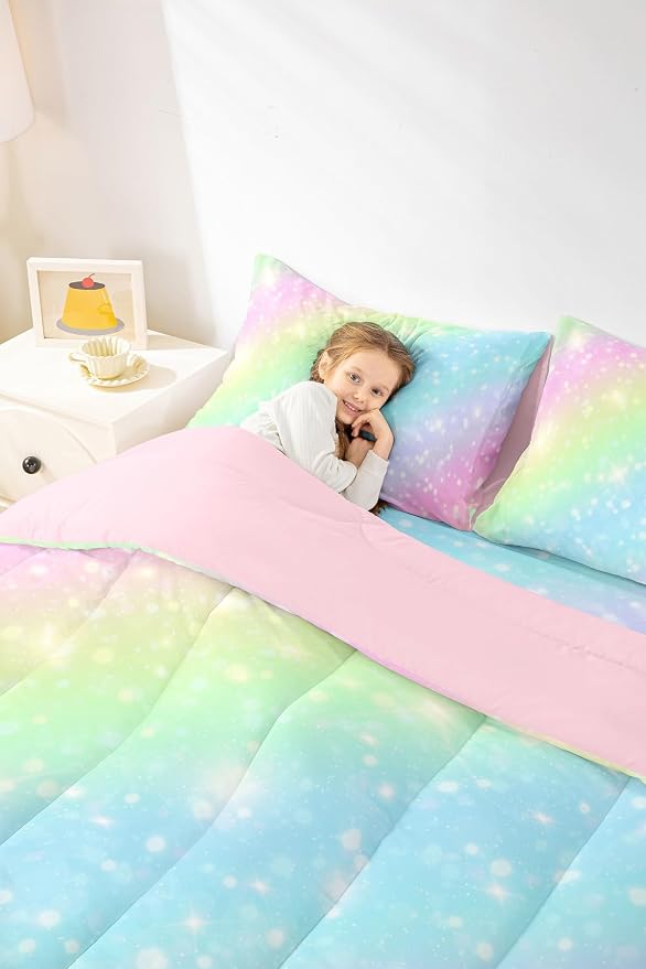 Erosebridal Rainbow Bedding Set for Kids Girls Teens Women Tie Dye Pastel Comforter Set Twin Size Golden Stars Glitter Bedding Comforter Set Watercolor Art Girly Quilt Set Sweet Bedroom Decor 2 Piece - Image 5