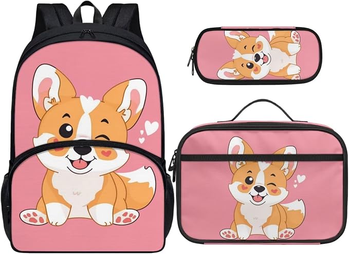 Corgi Backpack with Lunchbox for School Cute Book bags for Girls 10-12 Years Old and Lunch Box Animal Lunch Bag + School Bag + Pencil Case for Elementary Secondary School by Dremagia