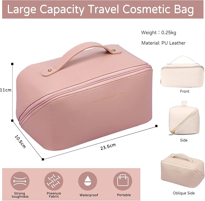CORIOS Toiletry Bag For Women Portable Make Up Bag Waterproof Wash Bag PU Leather Cosmetic Bag Bathroom Shower Bag Multifunctional Travel Organizer For Shampoo, Cosmetics, Toiletries Pink - Image 3