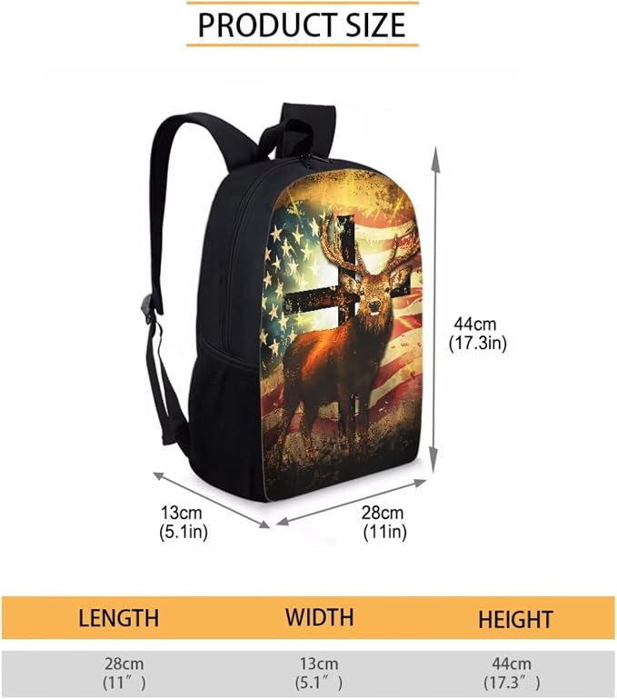 17 Inch Knapsack Set Elementary and Middle School Students Lightweight School Bag Set, Reusable Backpack Set with Lunch Bag Pen Bag, Deer American Flag Shining Cross - Image 4