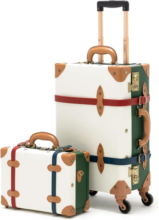 COTRUNKAGE Small 20" Vintage Luggage Set 2 Pieces TSA Approved Carry On Suitcase for Women with Wheels, White/Green by COTRUNKAGE