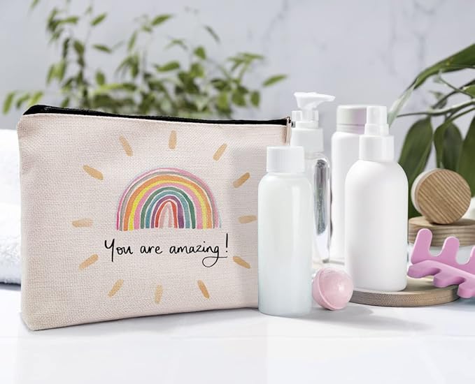 You Are Amazing Makeup Cosmetic Bag, Watercolor Rainbow Linen Makeup Travel Toiletry Bag, Inspirational Cosmetic Bag Gifts For Women Girls Wife Her Sister Mom Girlfriend