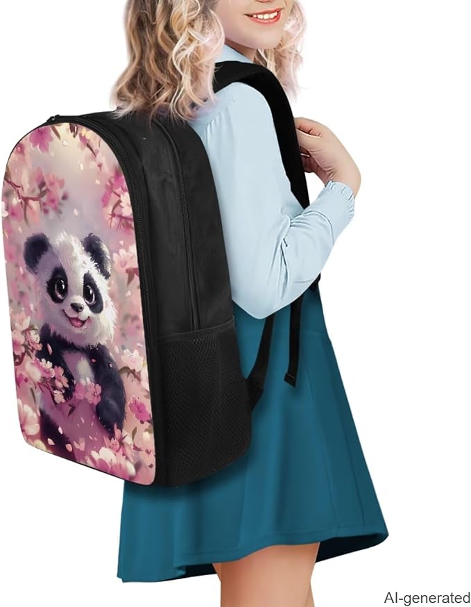 Cherry Blossom Panda Backpack for Girls Kids Backpack with Lunch Box Water Bottle Carrier and Aesthetic Pencil Case 4PCS Set Bookbag with Compartments for School 17 inch Large Cute School Bag - Image 2