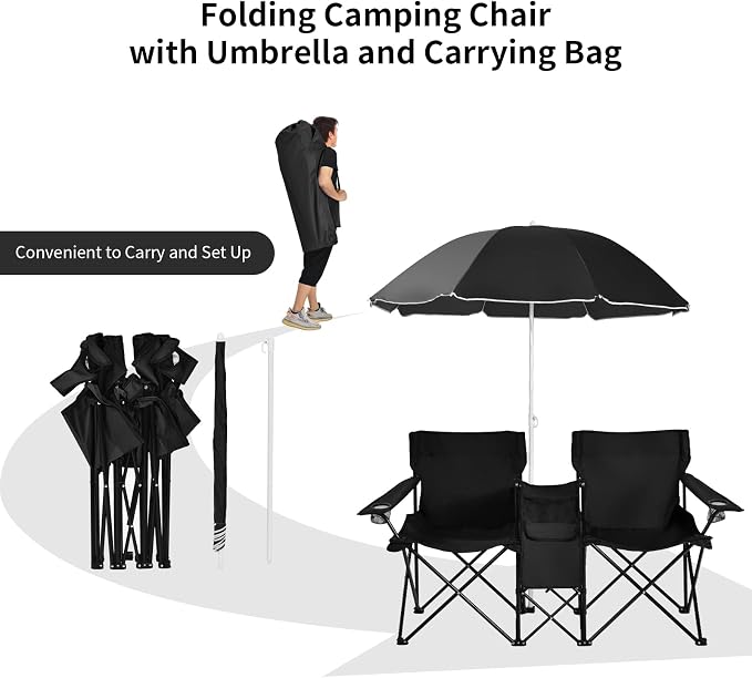 Goplus Double Camping Chair with Umbrella, Folding Loveseat Chairs w/Canopy Shade, Carrying Bag, Table, Cup Holder, Portable Beach Chairs Outdoor Picnic Patio (Black) - Image 5