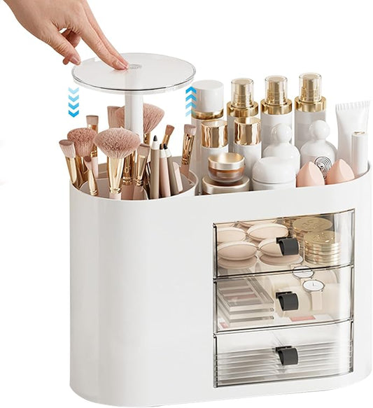DASITON Makeup Organizer with 3 Drawers,Automatic Lifting Makeup Brush Holder with Lid,Large Capacity Makeup Organizers for Vanity,Bathroom Countertop,Ideal Storage Skin Care,Brushes,Lipstick (White) by DASITON