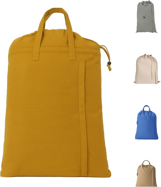 LFH Home Cotton Rich Canvas Large Laundry Bag with Handle, Heavy Duty Drawstring Closure Washable Laundry Bags, School Travel, Home, Hotel, College Dorm, Organizer Sack, Toys Clothes 28x36-Yellow by LFHHomePrivateLimited